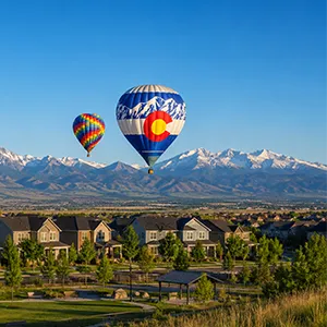 Hot air balloons over Erie Colorado with neighborhood and mountain views