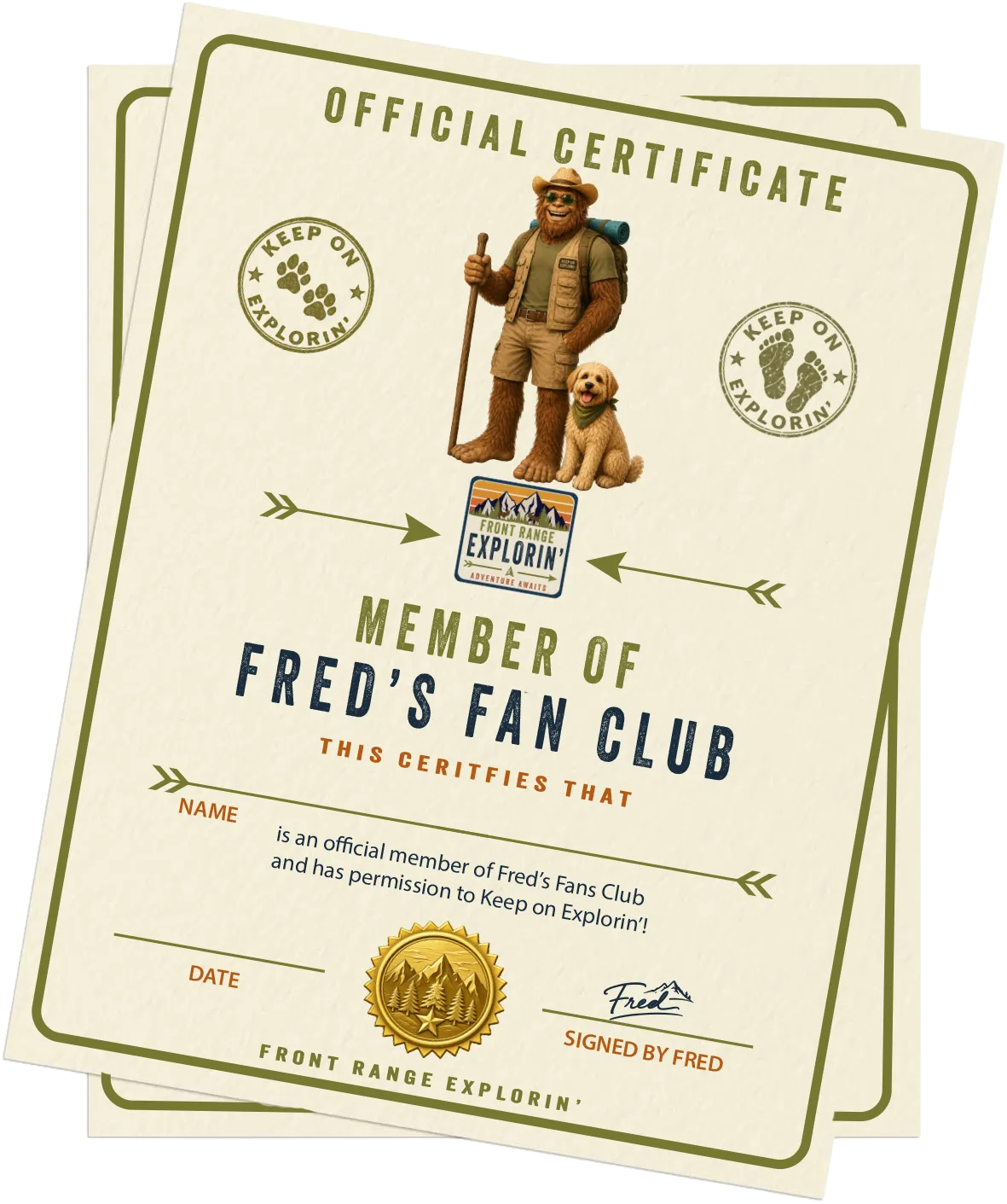 Fred's Club certificate: Front Range Explorin’™