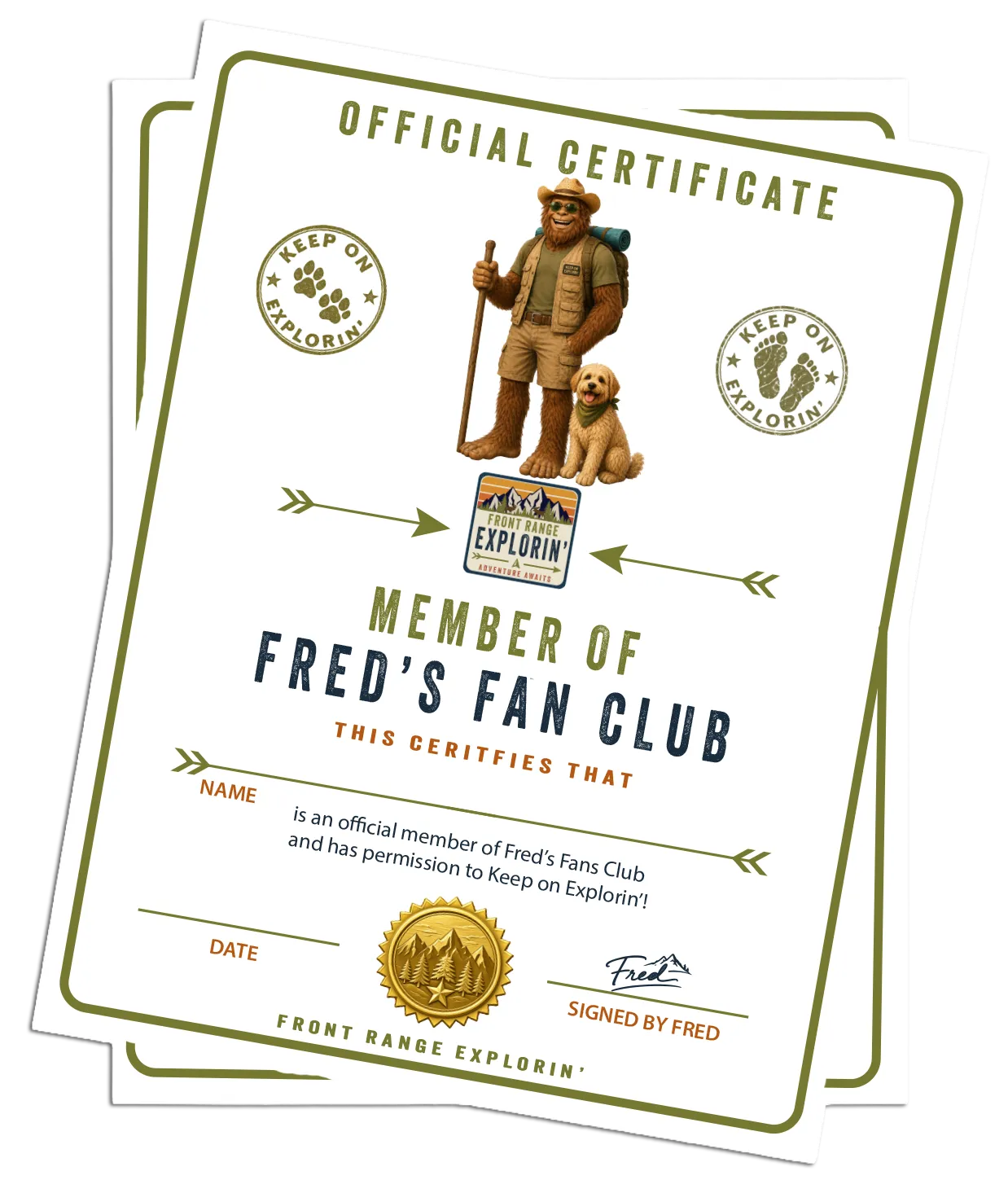 Fred's Club certificate: Front Range Explorin’™