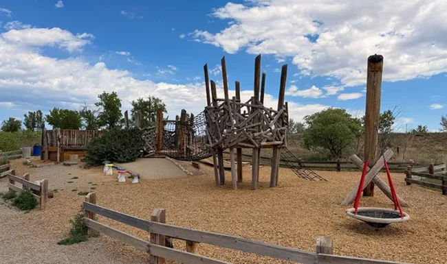 McKay Lake Park and Open Lands: Natural playground with ropes to crow's nest and basket net swing