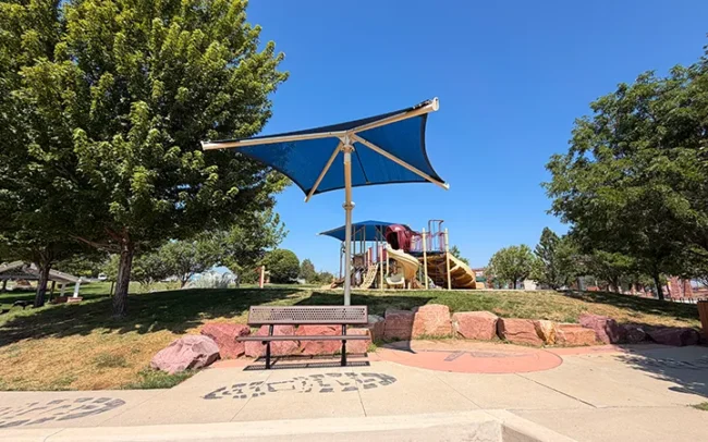 Fabric Shade Structure with Bench: Founders Park, Superior, CO.