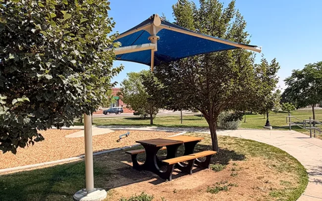 Fabric Shade Structure with Picnic Table: Founders Park, Superior, CO.