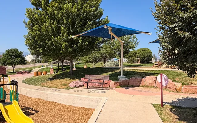 Fabric Shade Structure with Bench: Founders Park, Superior, CO.