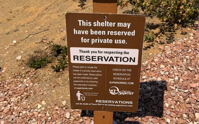Pavilion Reservation Notice Sign: Founders Park, Superior, CO.