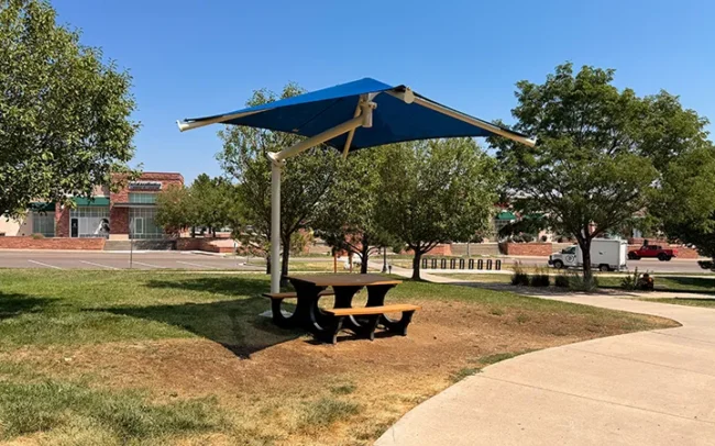 Fabric Shade Structure with Picnic Table: Founders Park, Superior, CO.