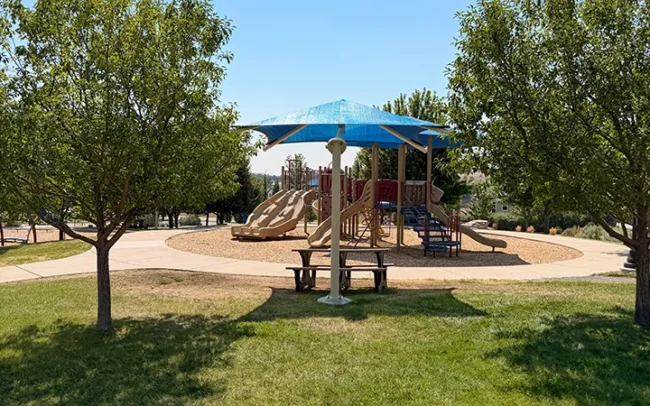 Fabric Shade Structure with Picnic Table: Founders Park, Superior, CO.