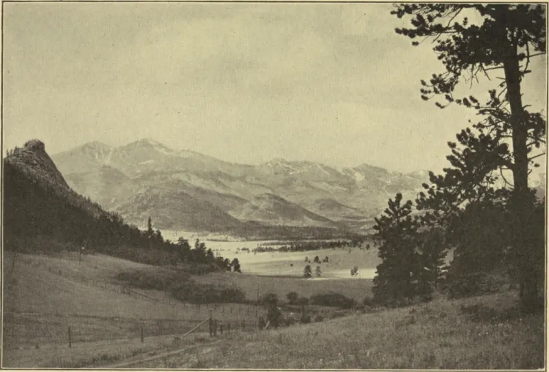 Historic view of Estes Park and Rocky Mountain National Park, photographed by Enos A. Mills in the early park era.