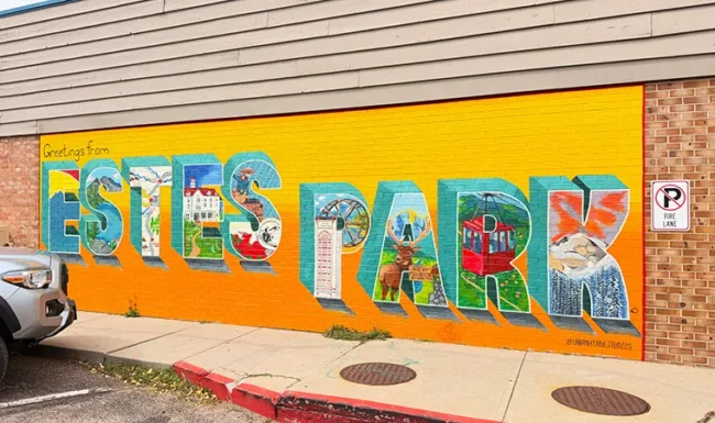 Greetings from Estes Park mural in downtown Estes Park, Colorado