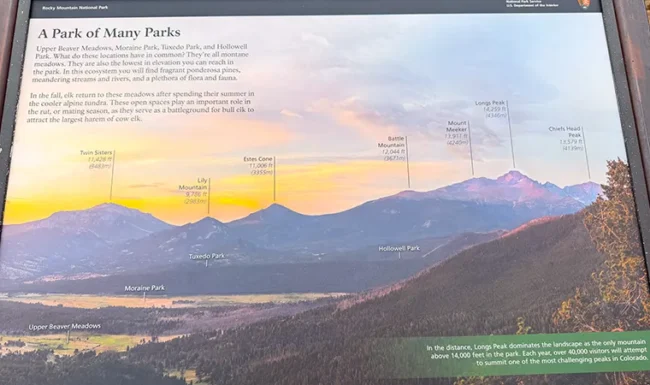 Interpretive sign describing the many parks and mountain peaks visible from Rainbow Curve Overlook