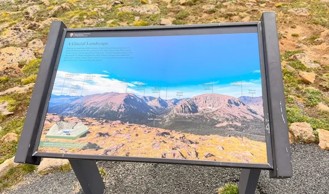 Glacial landscape interpretive sign at Forest Canyon Overlook in Rocky Mountain National Park