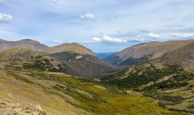 View across a green alpine valley and surrounding mountains near Alpine Visitor Center