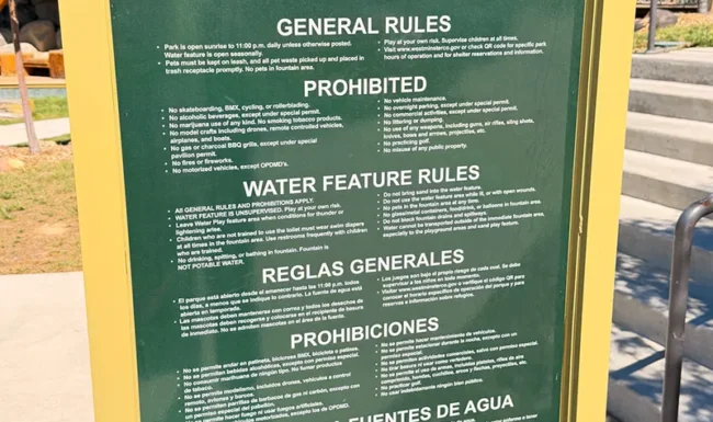 Westminster Station Park Nature Playground rules and water feature information sign