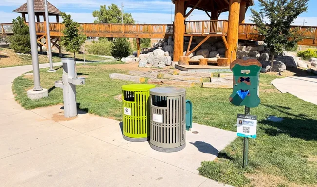 Drinking fountain, trash cans and pet waste station at Westminster Station Park