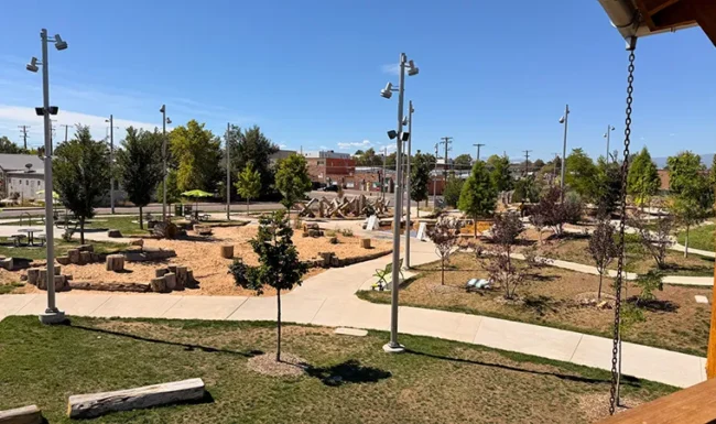 Elevated view of the nature playground and walking paths at Westminster Station Park Nature Playground