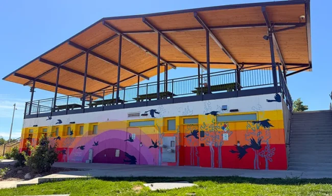 Colorful mural and covered upper terrace pavilion at Westminster Station Park