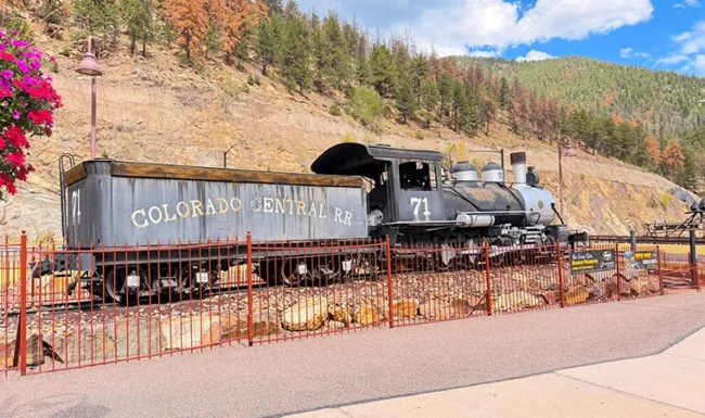Historic steam locomotive No. 71 displayed in Black Hawk, Colorado