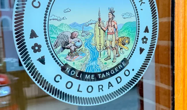 City of Black Hawk, Colorado seal on a glass door