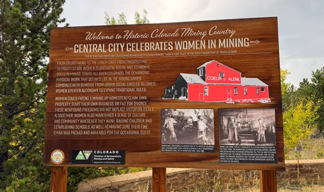 Central City Celebrates Women in Mining interpretive sign with Coeur d’Alene mine illustration