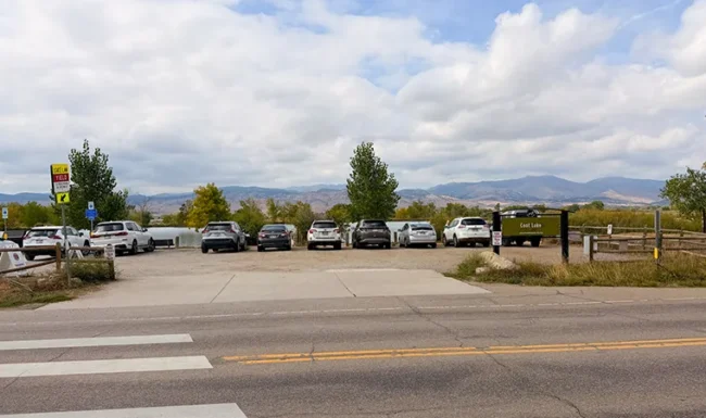 Coot Lake entrance and accessible parking with Front Range views