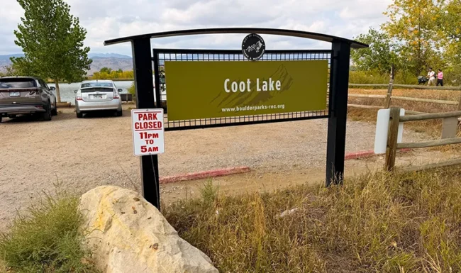 Coot Lake entrance sign and parking information