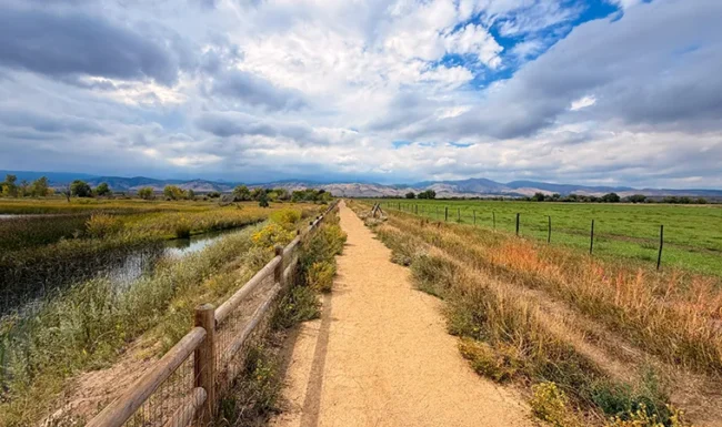 Gravel path, water channel, and wooden fence near Coot Lake