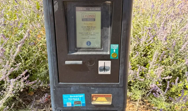 Paid parking kiosk at Bohn Park in Lyons, Colorado