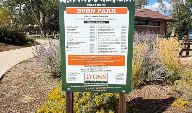 Bohn Park rules and regulations sign in Lyons, Colorado