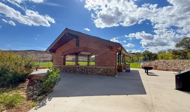 Covered Bohn Shelter picnic pavilion at Bohn Park in Lyons, Colorado