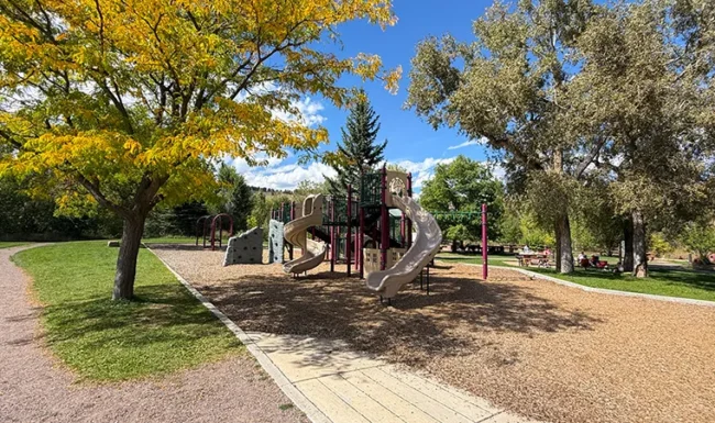 Playground slides and climbing features at Bohn Park in Lyons, Colorado