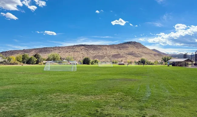 Soccer field with Front Range views at Bohn Park in Lyons, Colorado