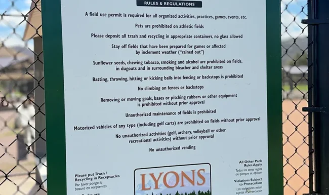 Bohn Field rules sign at Bohn Park in Lyons, Colorado