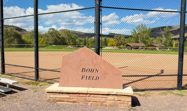 Bohn Field sign beside the baseball diamond in Lyons, Colorado