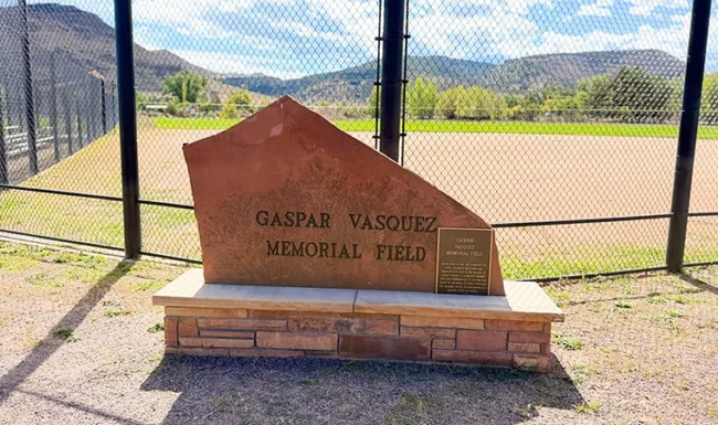 Gaspar Vasquez Memorial Field sign at Bohn Park in Lyons, Colorado