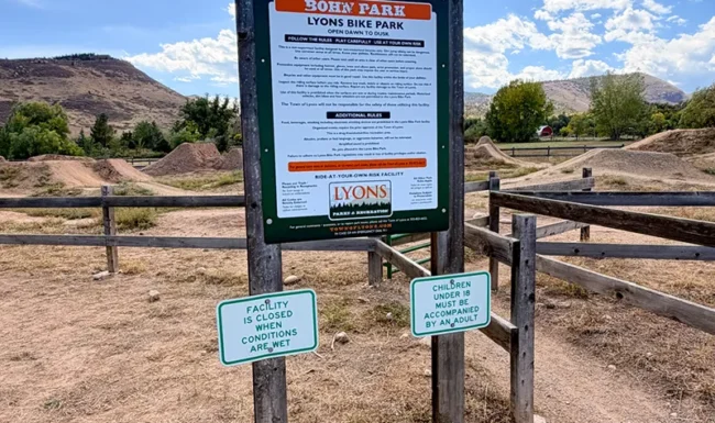 Lyons Bike Park rules sign at Bohn Park in Lyons, Colorado