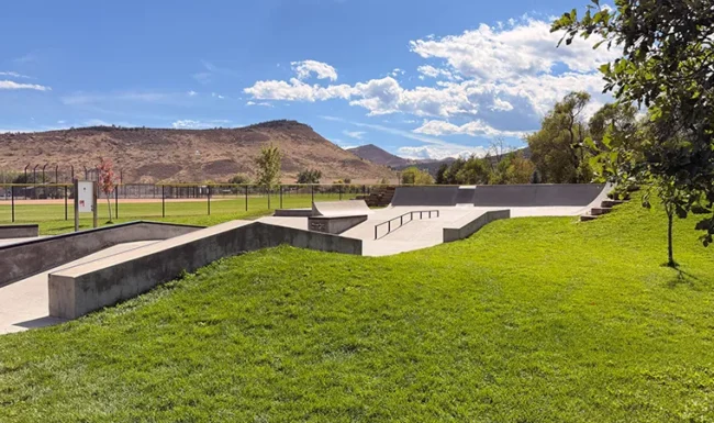 Skate park concrete ramps and rails at the Bohn Park Skate Park in Lyons