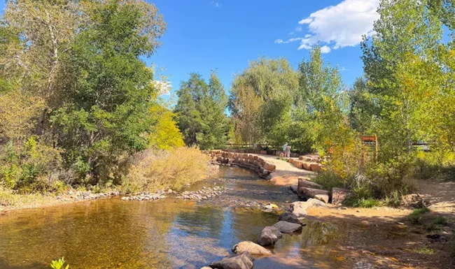 Shallow wading area and stone crossing on St. Vrain Creek at Bohn Park