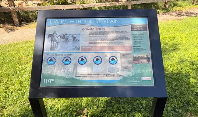 Living With the St. Vrain interpretive sign at Bohn Park in Lyons, Colorado