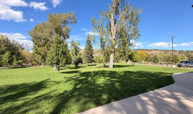 Open lawn, mature trees and mountain views at Bohn Park in Lyons, Colorado