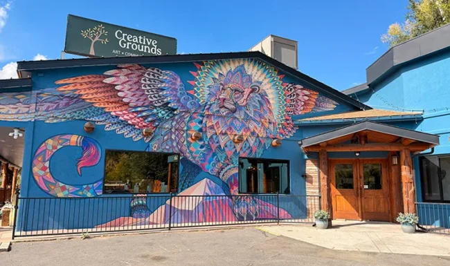 Winged lion mural on Creative Grounds storefront