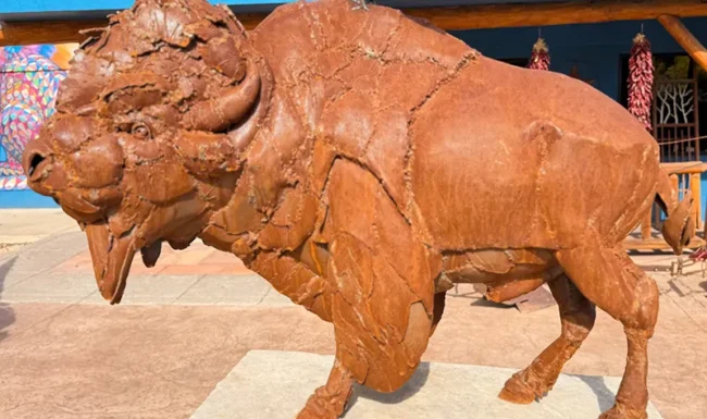 Metal bison sculpture in downtown Lyons, Colorado