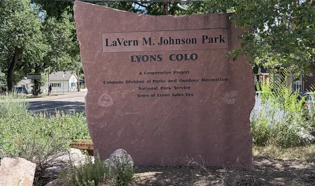 LaVern M. Johnson Park entrance sign in Lyons Colorado