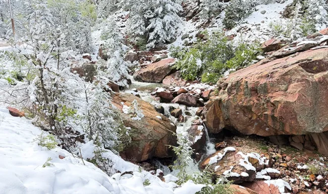 Snow-covered South Boulder Creek and rocks in Eldorado Canyon
