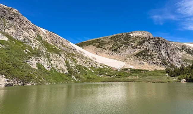 St. Mary’s Lake beneath the alpine snowfield.