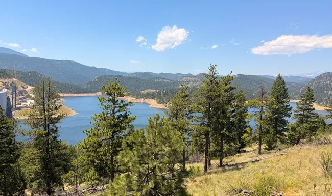 Gross Reservoir below a grassy hillside with pine trees, mountain ridges and part of the dam visible