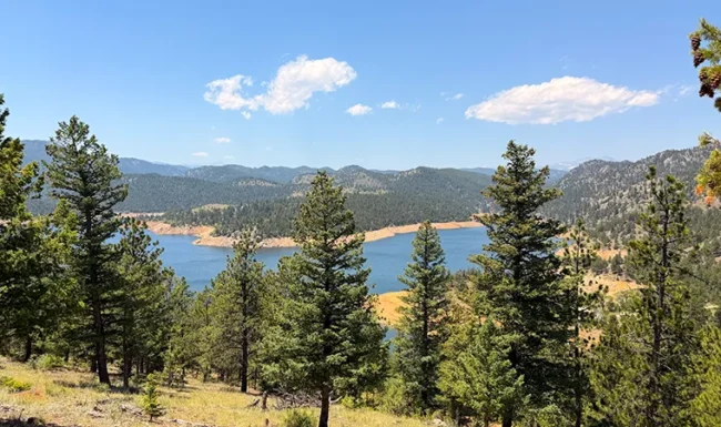 Blue waters and exposed shoreline of Gross Reservoir surrounded by forested mountains