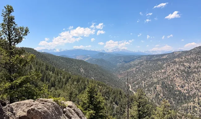 Forested canyon and distant snowcapped peaks viewed from Sunshine Canyon Drive on the way to Gold Hill, Colorado.