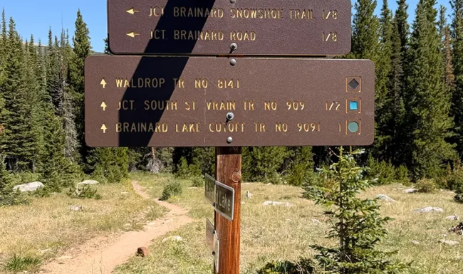 Directional trail sign for Waldrop Trail and South St. Vrain Trail near Brainard Lake