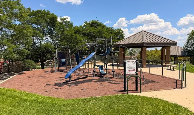 Climbing playground and picnic shelter at Foothills Community Park in Boulder Colorado