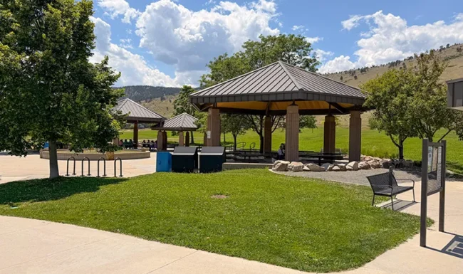 Picnic shelters and open lawn at Foothills Community Park in Boulder Colorado