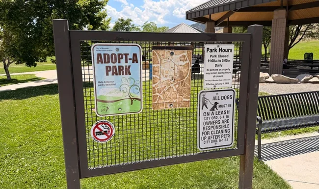 Park rules and information sign at Foothills Community Park in Boulder Colorado